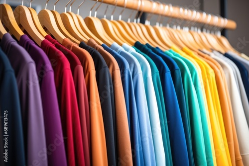 A collection colorful t-shirts on hang for sale in shop.