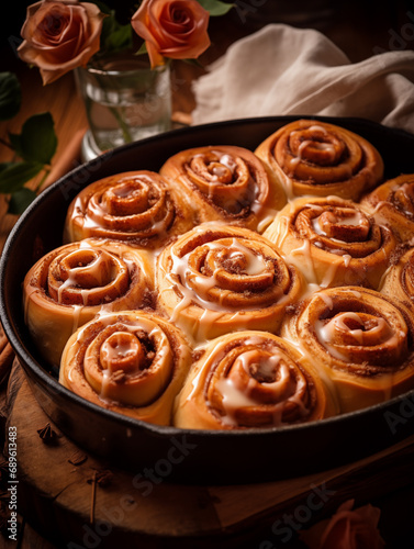 Warm roll buns with cinnamon and cream on baking dish	