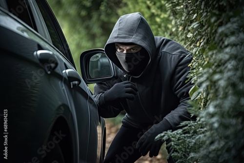 thief wearing a hoodie and dark clothes breaking into a parked car to steal it