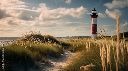 sand dune beach with ocean, grass and lighthouse photo