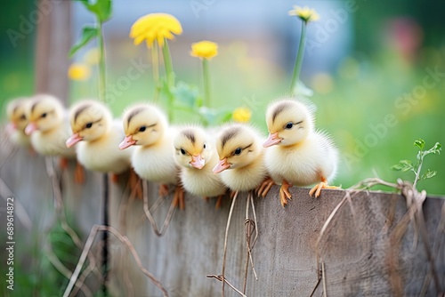 group of yellow ducklings sitting on a farm fence