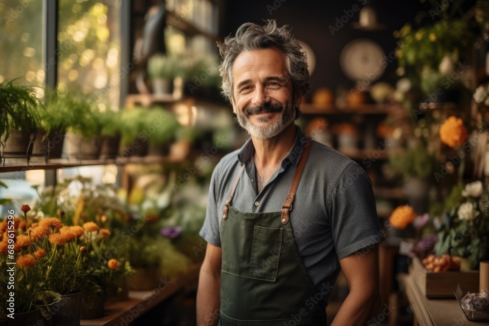 Man owner standing in front of his cozy florist. Man owner standing in front of his cozy florist.