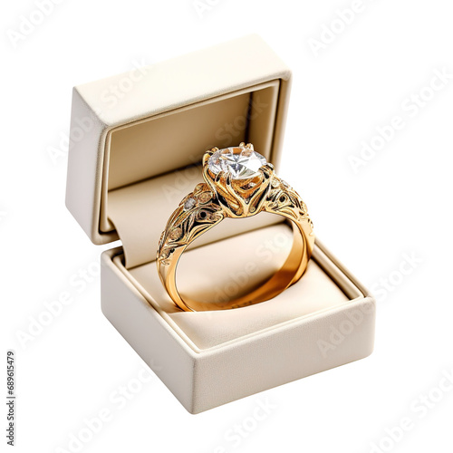 Golden ring in jewelry box isolated on transparent background Remove png, Clipping Path, pen tool