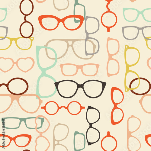 Seamless pattern, colorful silhouettes of eyeglasses in boho style. Background, print, vector