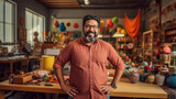 Portrait of man owner of handmade craft store with creating unique crafts, colorful displays of handmade items. Senior male own a successful small family business.