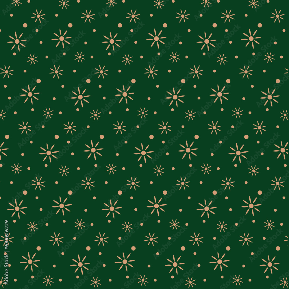 New Year's pattern. Stars big and small on a green festive background. Vector image. For decoration, packaging, textiles, cards, clothing. New Year's pattern. Stars big and small on a green festive background. Vector image. For decoration, packaging, textiles, cards, clothing.