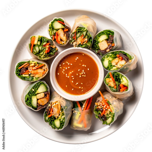 Delicious Thai Spring Rolls with Peanut Sauce isolated on transparent background Remove png, Clipping Path, pen tool