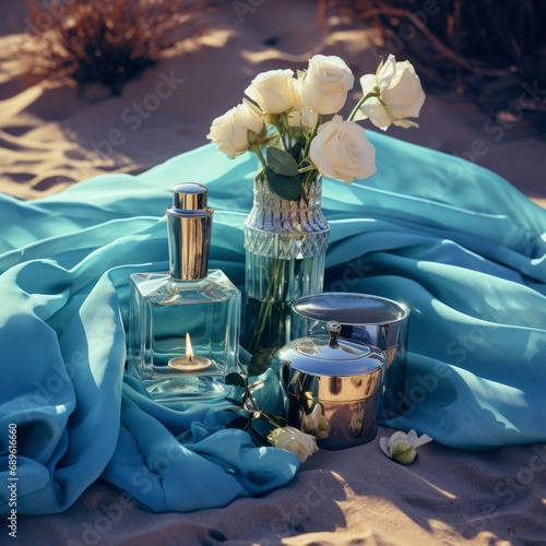 Stylish perfume bottles and metallic accessories elegantly placed on ocean-blue fabric on sandy beach background photo