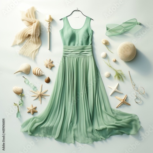 An elegant seafoam green dress presented in a flat lay format with assorted coastal decorations on a neutral backdrop © mockupzord