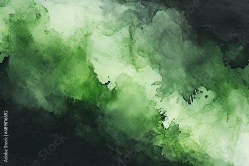 Black green abstract watercolor. Paint stains blots on paper. Grunge background