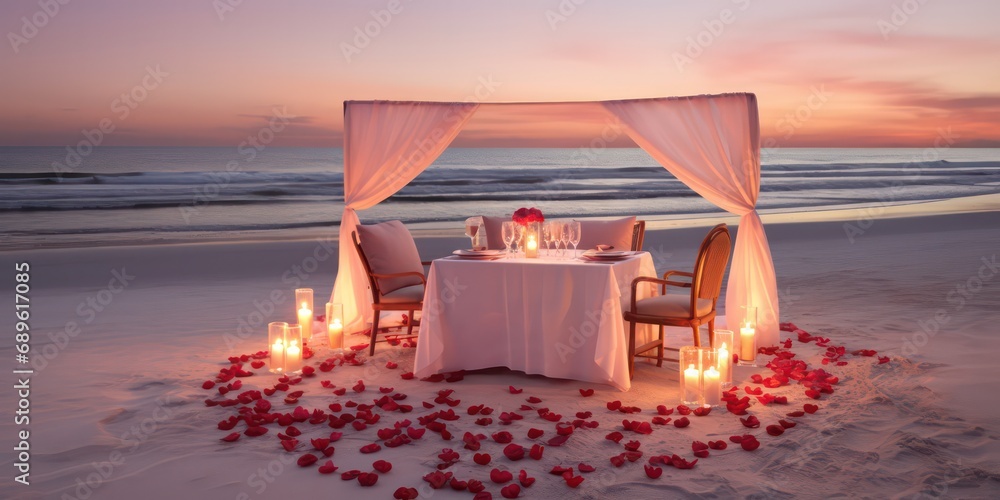 Valentine's Day on the beach sets the stage for a uniquely romantic experience. The soft, golden sands, kissed by the gentle waves. - obrazy, fototapety, plakaty 