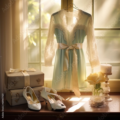 Softly lit scene showcasing a chic bridal robe, elegant shoes, and book boxes with a classic background