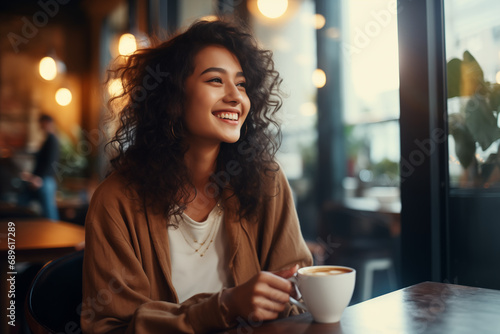 Happy young smiling Asian woman with long curly hair sits in the restaurant and drinking coffee