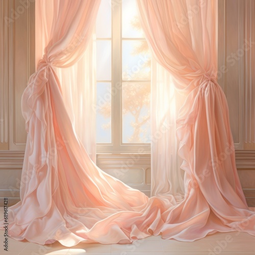 Luxurious curtains part to let in the warm sunlight, illuminating an opulent room with a classic touch