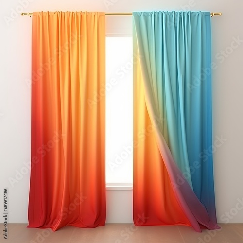 Soft morning light streams through elegant gradient curtains in a minimalist, modern interior setting