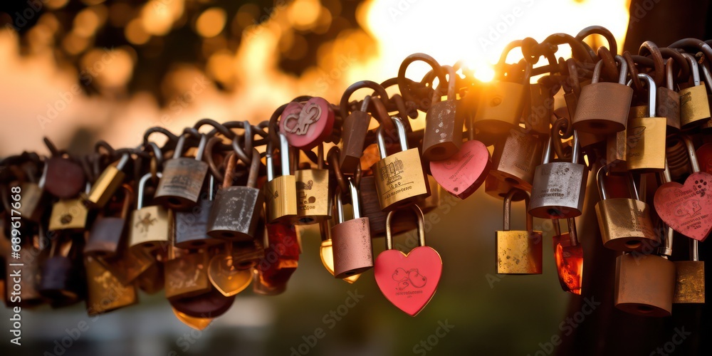 Love Locks of padlocks engraved with initials or messages, locked as a