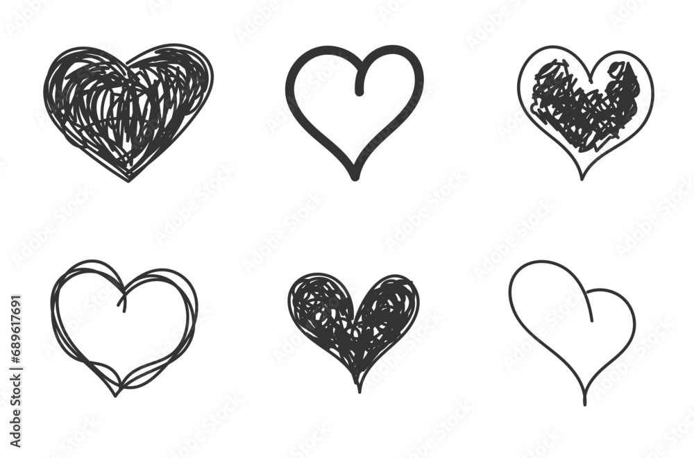 Handdrawn rough marker hearts. Black heart hand drawn. Icon cute doodle. Romance and love illustrations. Loving cute sketched hearts drawing elements for greeting cards or valentines day vector design