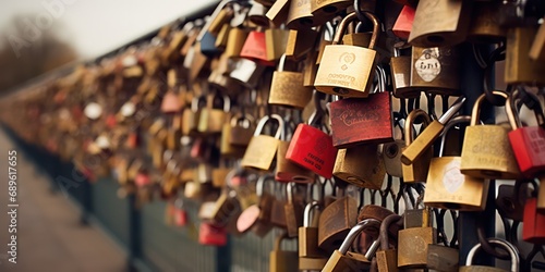 Love Locks of padlocks engraved with initials or messages, locked as a symbol of everlasting love.
