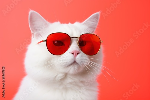 Closeup portrait of funny white cat wearing red sunglasses. with copy space