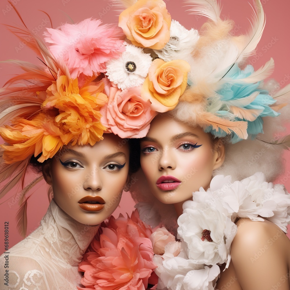 Beautiful fashion women is surrounded by colored flowers and feathers, in the style of surreal fashion photography. Multi racial Young women with makeup. Girls dressed up in decorative flowers