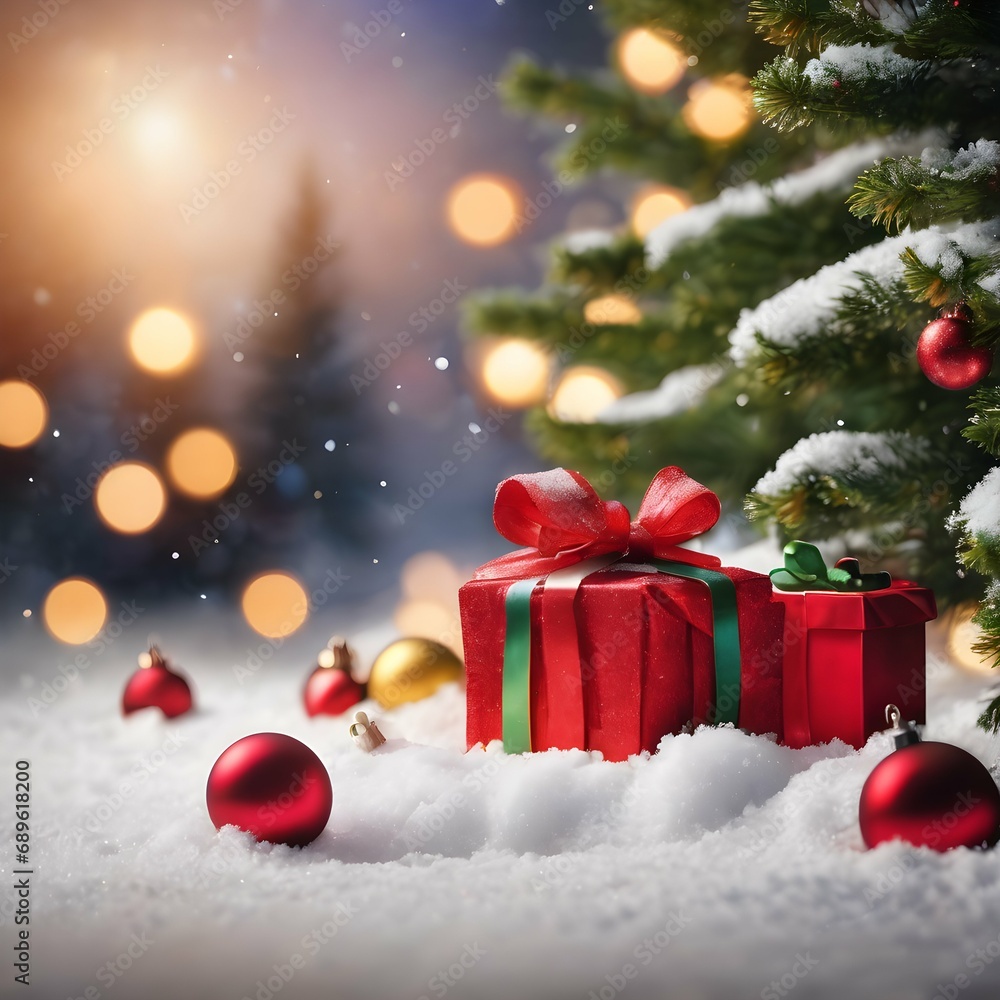 Concept of Christmas. Christmas colorful gifts, ball and Christmas tree fir on snow in winter Concept of Christmas. Christmas colorful gifts, ball and Christmas tree fir on snow in winter