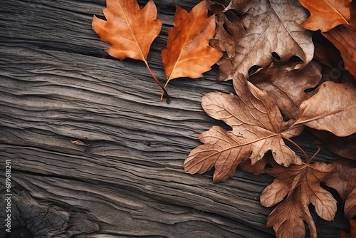 Orange brown fallen dry twisted leaves lie on an old cracked wooden table - background