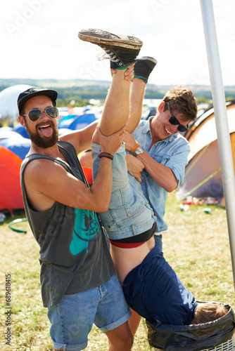 Photography Outdoor, trash or crazy friends at festival together for vacation or social event in summer