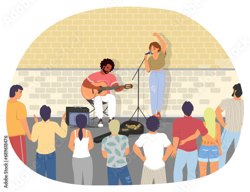 Talented music street performers playing guitar and singing