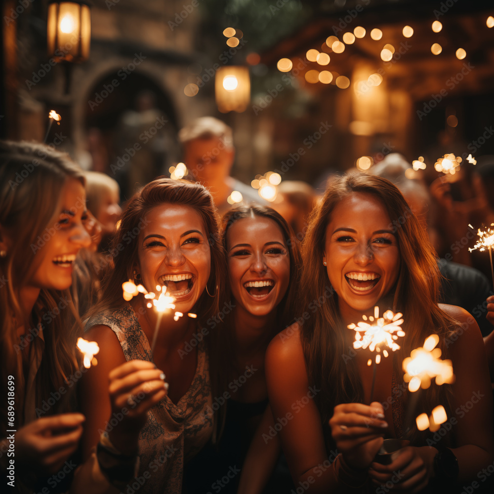 Girlfriends celebrating Christmas. Girls holding burning sparklers in hand and celebrating. Generative AI Girlfriends celebrating Christmas. Girls holding burning sparklers in hand and celebrating. Generative AI