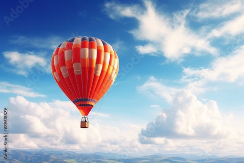 Closeup of hot air balloon in blue cloudy sky