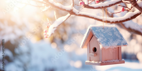 Cute minimal style Birdhouse on tree in sunny winter day. Homemade bird feeder, care about birds in cold winter time. © dinastya