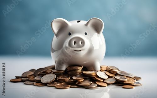 White porcelain piggy saving, with coins on a blue background
