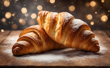 Closeup on a croissant, on a table with scattered flour on it in a bakery cosy background