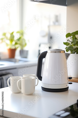 Electric white kettle and tea or coffee cups on the table in a modern kitchen in light colors. Modern Tea set for quick preparation of hot drinks.