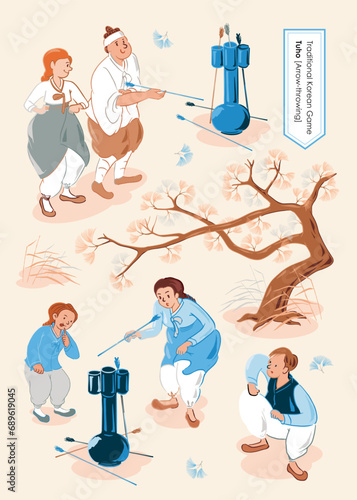 한국의 놀이와 여가. 전통 한국 놀이 '투호' 벡터 일러스트레이션. 화살 던지기, 스티커 콜렉션 세트