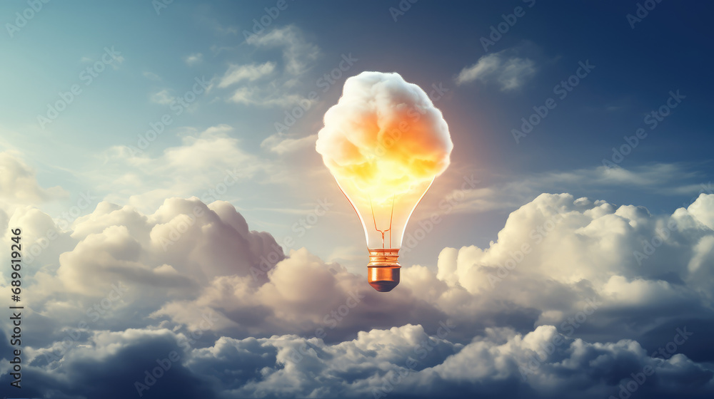 Lightbulb hot air balloon flying through the sky with fluffy clouds. Creative concept of idea, startup, innovation.  - obrazy, fototapety, plakaty 