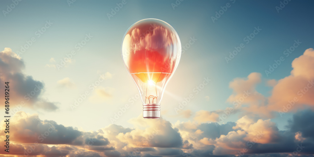 Fototapeta premium Lightbulb hot air balloon flying through the sky with fluffy clouds. Creative concept of idea, startup, innovation. 