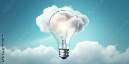Lightbulb hot air balloon flying through the sky with fluffy clouds. Creative concept of idea, startup, innovation, cartoon style. 