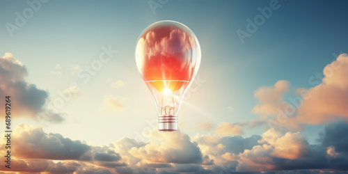 Lightbulb hot air balloon flying through the sky with fluffy clouds. Creative concept of idea, startup, innovation. 