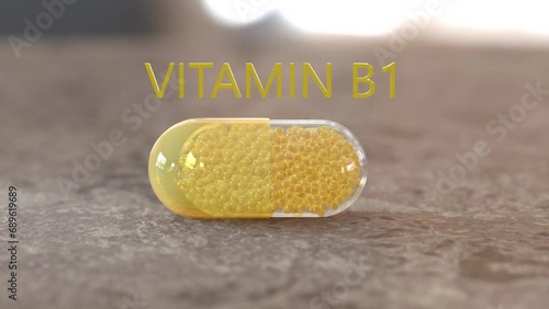 Vitamin B1 - Animated Vitamin Capsule Concept. 3d illustration
