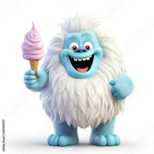 3D character of happy fluffy monster holding icecream in hand 