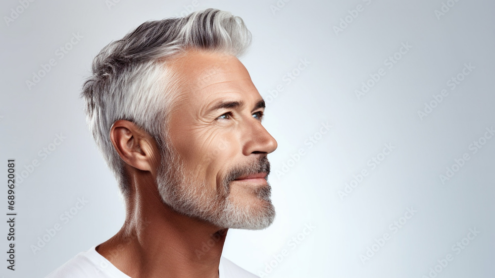 Obraz premium side view Attractive gorgeous mature older man looking at camera isolated on white background advertising skincare spa treatment. Mid age tightening face skin care rejuvenation cosmetics concept.