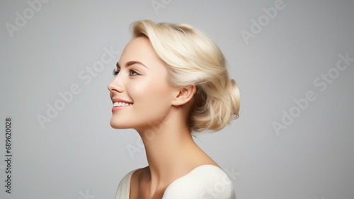 side view Attractive gorgeous business woman looking at camera isolated on white background advertising skincare spa treatment. Mid age tightening face skin care rejuvenation cosmetics concept. photo