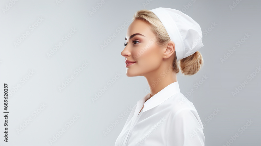 side view Attractive gorgeous nurse woman looking at camera isolated on white background. side view Attractive gorgeous nurse woman looking at camera isolated on white background.
