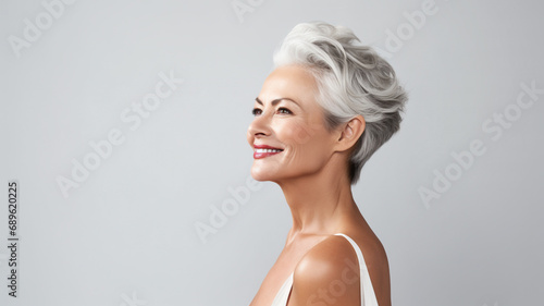 side view Attractive gorgeous mature older woman looking at camera isolated on white background advertising skincare spa treatment. Mid age tightening face skin care rejuvenation cosmetics concept.