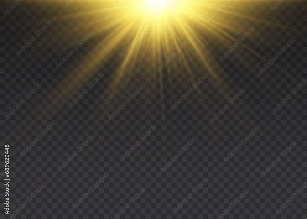 Yellow glowing lights sun rays. Flash of sun with rays and spotlight. The star burst with brilliance. Special lights effect isolated on transparent background. Vector illustration