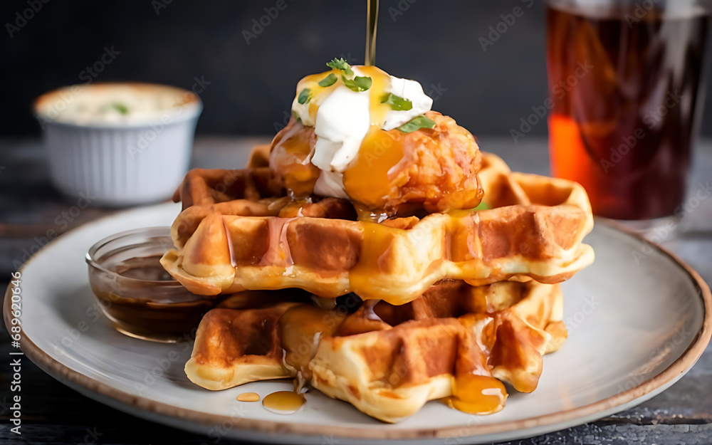 Capture the essence of Chicken and Waffles in a mouthwatering food photography shot Generative AI Capture the essence of Chicken and Waffles in a mouthwatering food photography shot Generative AI
