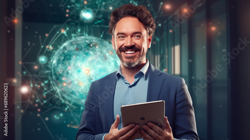 Connectivité professionnelle : Homme d'affaires devant une tablette, enveloppé dans un nuage de données connectées photo