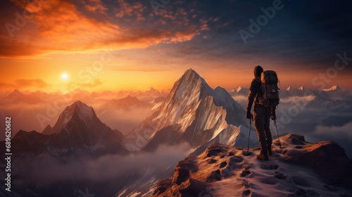 Hiker on the top of a mountain at sunset.