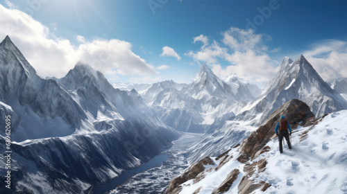 Hiker in snowy mountains. Panoramic view © tashechka